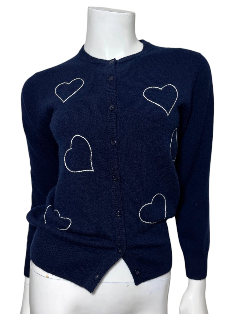 Lingua Franca 100% Cashmere Navy Heart Embroidered Cardigan Sweater Size XS